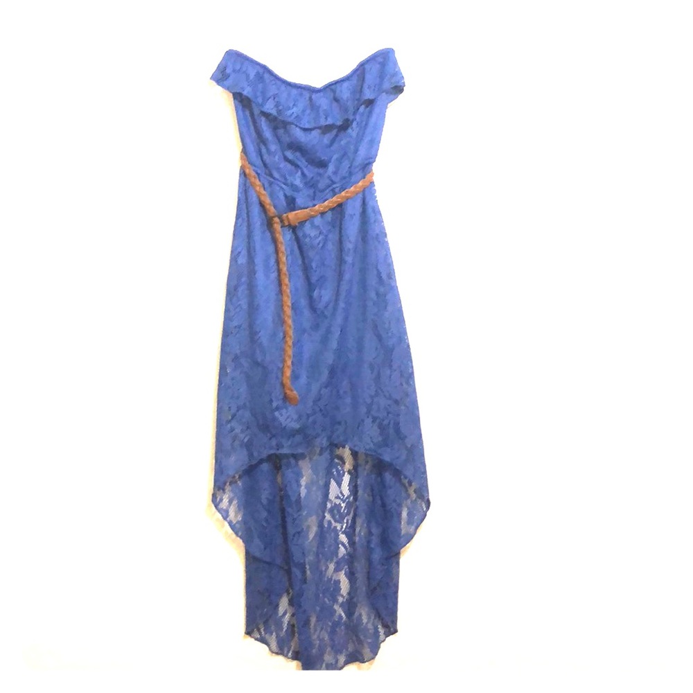 Blue lace sleeveless high-low dress with belt NWOT